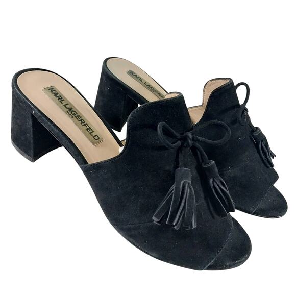 KARL LAGERFELD! BLACK GENUINE SUEDE LEATHER BOW & TASSEL PEEP TOE MULES! SZ 8M - Picture 1 of 10